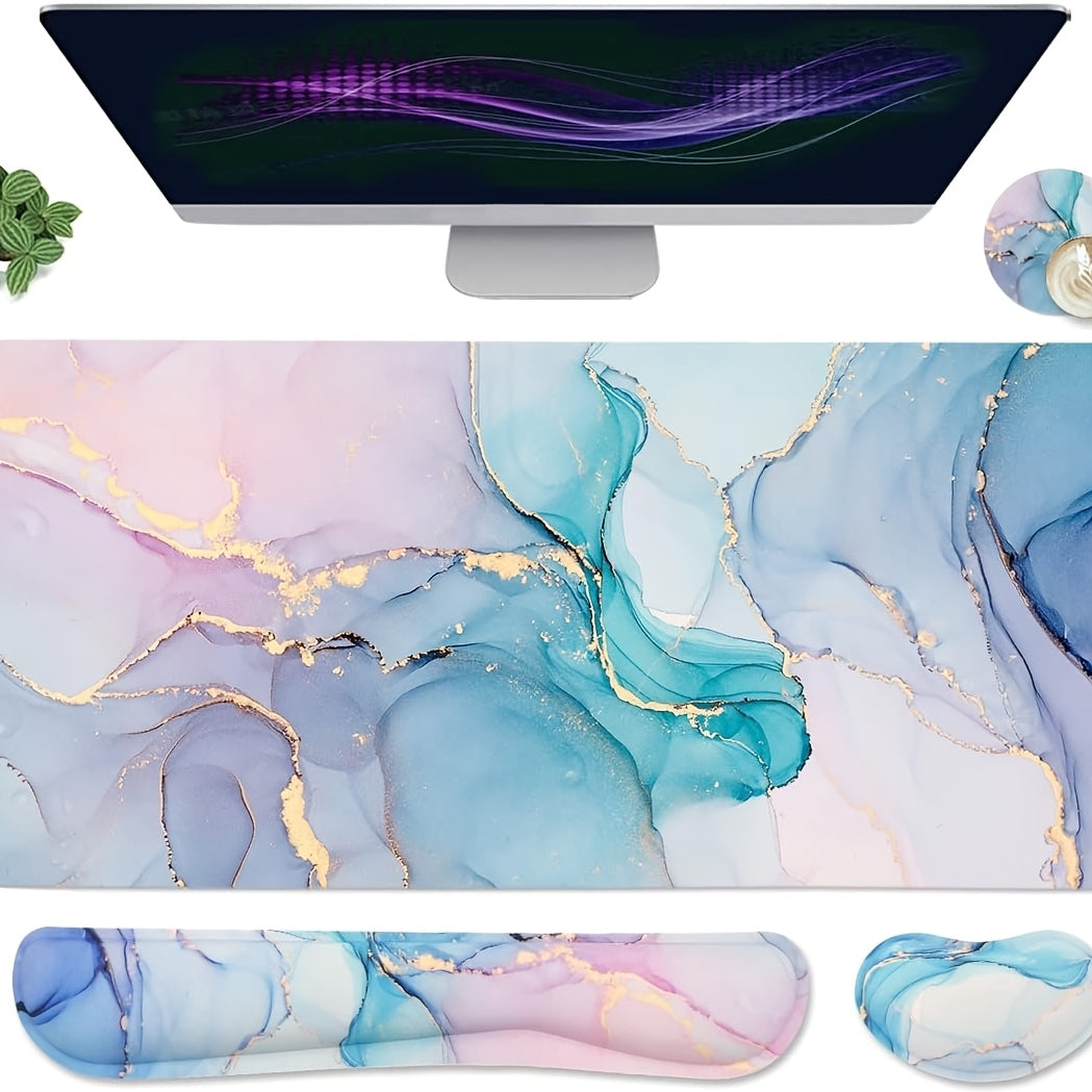 Large Mouse Pad and Keyboard Wrist Rest, Desk Pad for Keyboard and Mouse, 4- in- 1 Large Gaming Mouse Pad with Wrist Support- Blue Marble, Available 365 Days