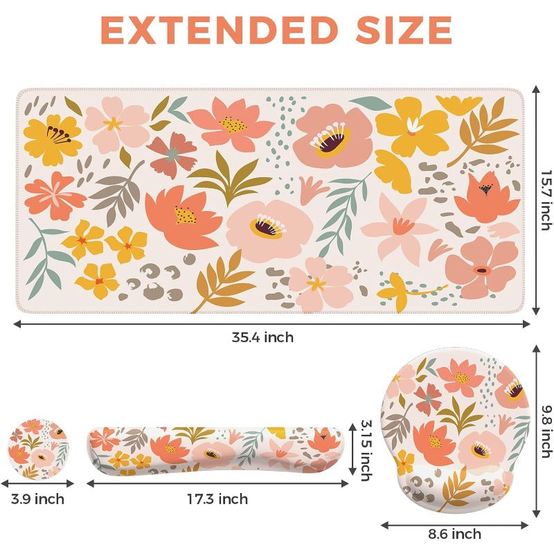 ICasso Desk Cover Mat 4in1 Floral Large Mouse Pad with Wrist Rest Desk Matt for Desktop Anti-Slip XXL Big Computer Ergonomic Mousepad with Wrist Support for Keyboard and Mouse Colorful