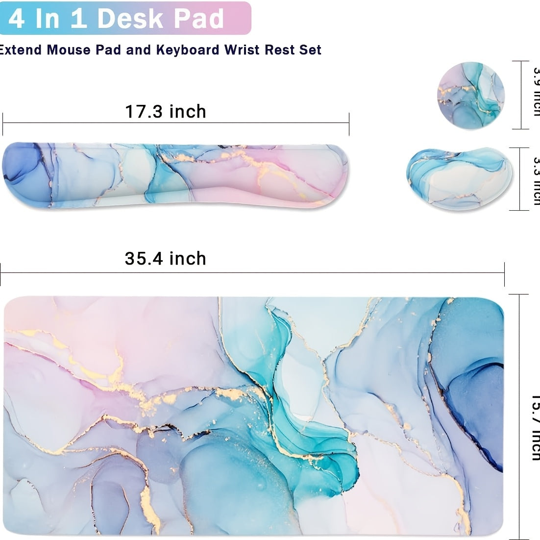 Large Mouse Pad and Keyboard Wrist Rest, Desk Pad for Keyboard and Mouse, 4- in- 1 Large Gaming Mouse Pad with Wrist Support- Blue Marble, Available 365 Days