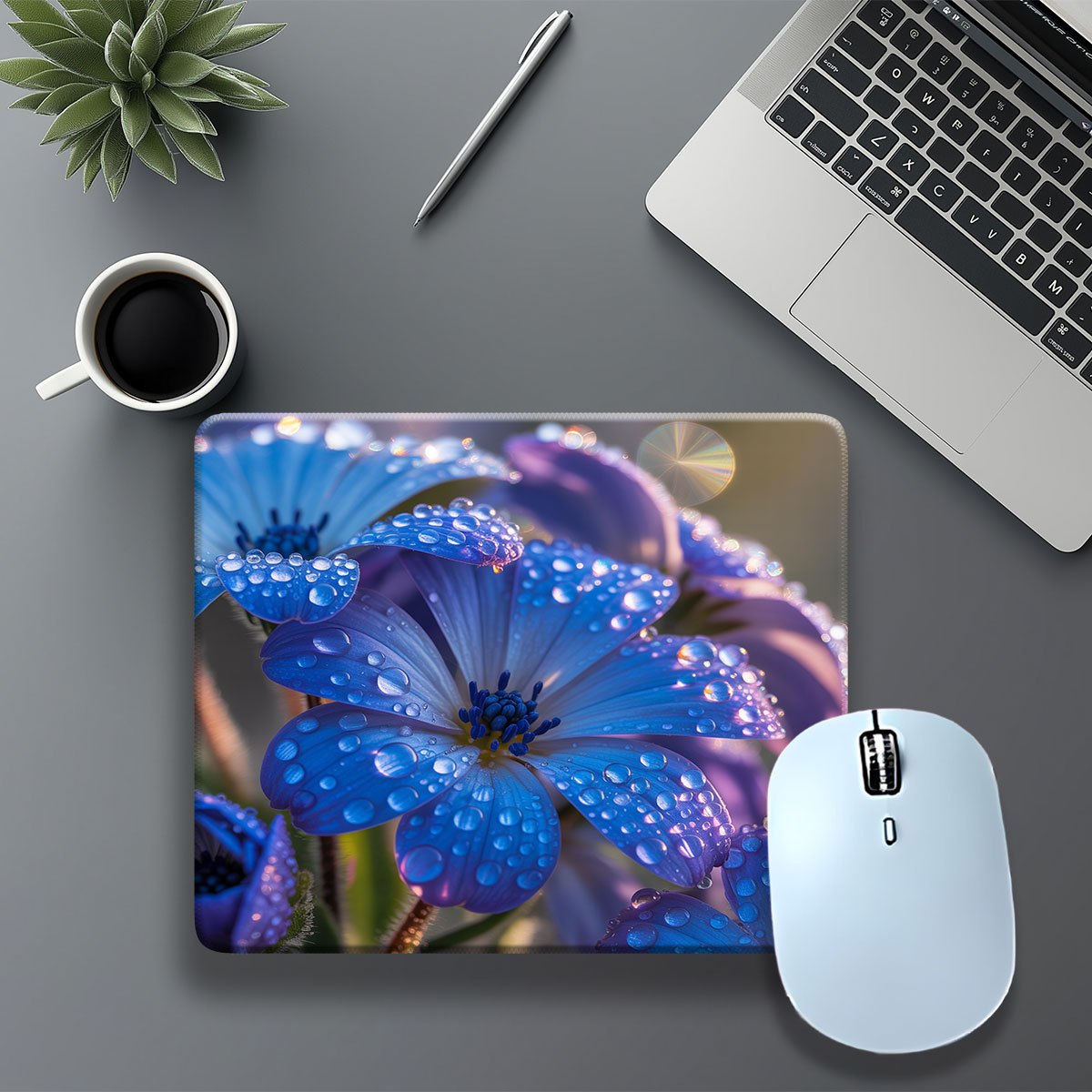 A Mouse Pad That Is Easy to Clean, Featuring Blue Flowers with Dew. It Has Anti-Curl Edges And a Non-Slip Base That Is As Stable As a Rock, Made from Easy-To-Clean Material, Suitable for Both Office Work And Gaming