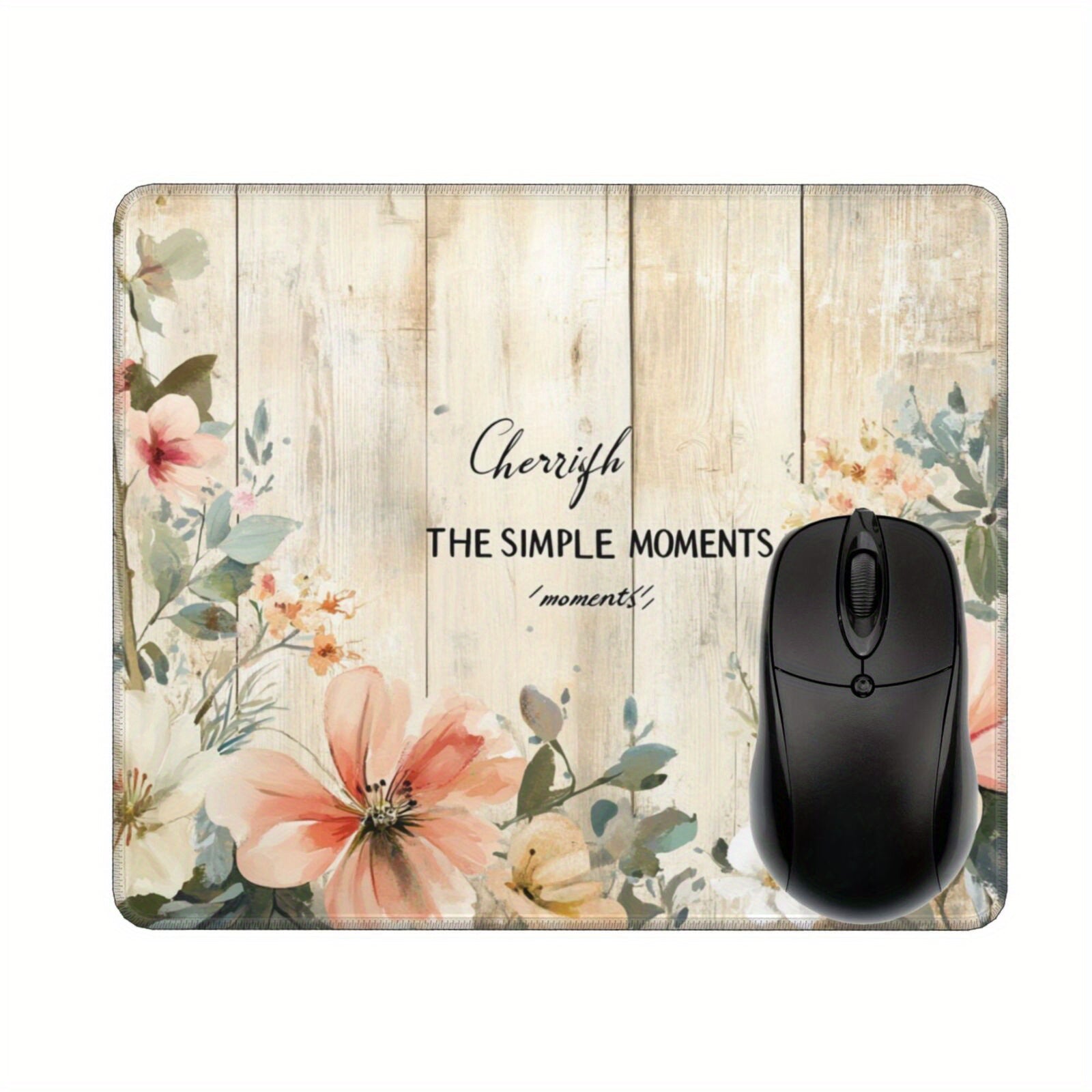 1pc Vintage Wooden Floor & Watercolor Blossoms Mouse Pad, Non-Slip Rubber Desk Mat, Washable & Water-Resistant, Soft Beige with Rich Grain & Playful Floral Design, Coral, Cream, Lavender - Oblong Shape