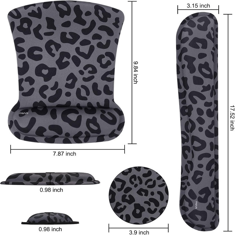 Home Office Wrist Rest Support for Mouse Pad Keyboard Set | Leopard Grain Ergonomic, Non-Slip Base Easy Typing, with Neoprene Cloth, Raised Memory Foam, Black