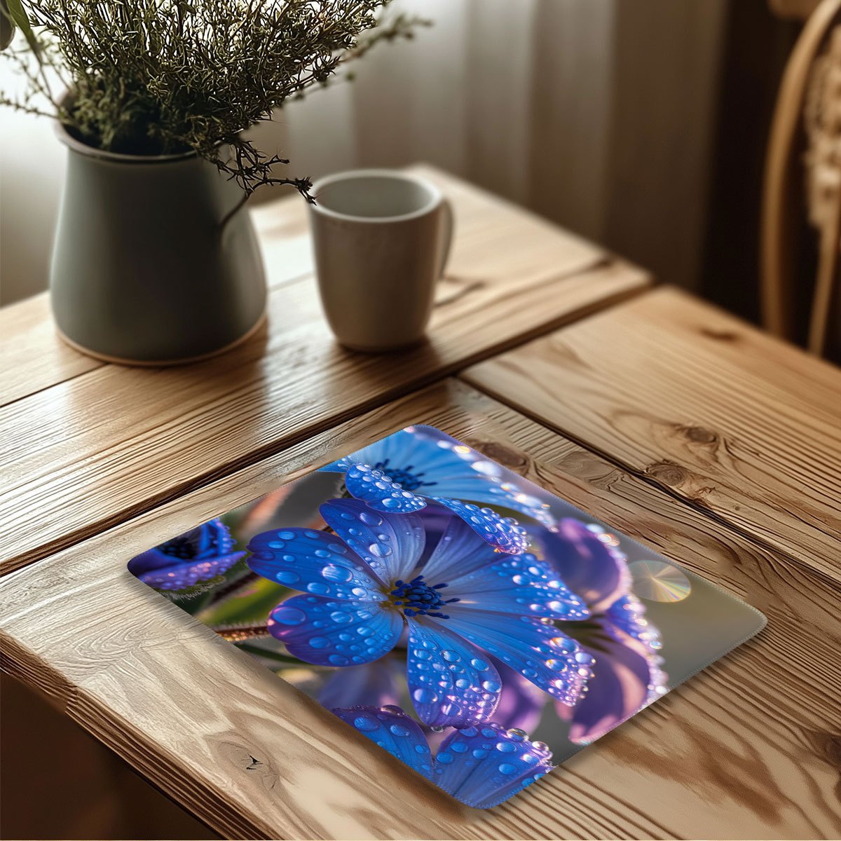 A Mouse Pad That Is Easy to Clean, Featuring Blue Flowers with Dew. It Has Anti-Curl Edges And a Non-Slip Base That Is As Stable As a Rock, Made from Easy-To-Clean Material, Suitable for Both Office Work And Gaming
