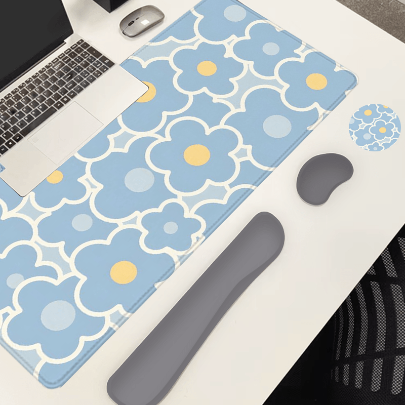 Blue Floral Yellow Dot Large Gaming Mouse Pad and Keyboard Wrist Rest Ergonomic Wrist Support Desk Mat Cup Mat 4-in-1 Set Non-Slip Home Office Mouse Pads Best Gift for Holidays and Special Occasions
