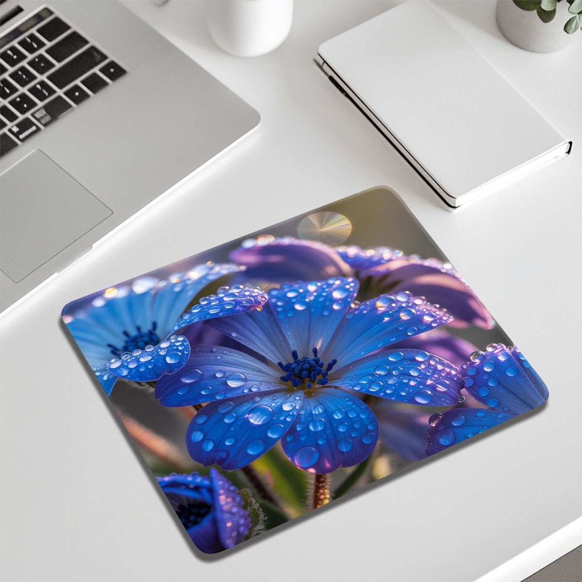 A Mouse Pad That Is Easy to Clean, Featuring Blue Flowers with Dew. It Has Anti-Curl Edges And a Non-Slip Base That Is As Stable As a Rock, Made from Easy-To-Clean Material, Suitable for Both Office Work And Gaming