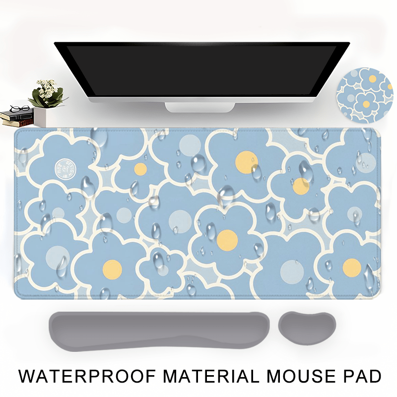 Blue Floral Yellow Dot Large Gaming Mouse Pad and Keyboard Wrist Rest Ergonomic Wrist Support Desk Mat Cup Mat 4-in-1 Set Non-Slip Home Office Mouse Pads Best Gift for Holidays and Special Occasions