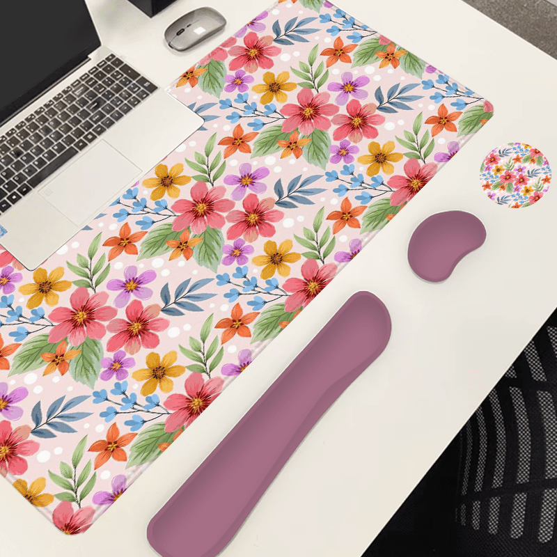 Floral Watercolor Vintage Garden Large Gaming Mouse Pad and Keyboard Wrist Rest Ergonomic Wrist Support Desk Mat Cup Mat 4-in-1 Set Non-Slip Home Office Mouse Pads Best Gift for Spring and Summer