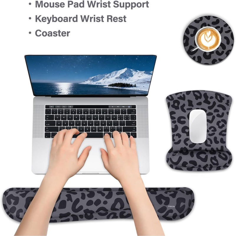 Home Office Wrist Rest Support for Mouse Pad Keyboard Set | Leopard Grain Ergonomic, Non-Slip Base Easy Typing, with Neoprene Cloth, Raised Memory Foam, Black