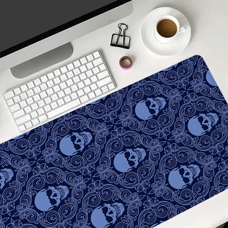 A Large Gaming Mouse Pad Featuring a Halloween Gothic Baroque Skull Design, Along with an Ergonomic Wrist Rest for Keyboard Support. This 4-In-1 Set Includes a Desk Mat And Cup Mat, Designed to Be Non-Slip