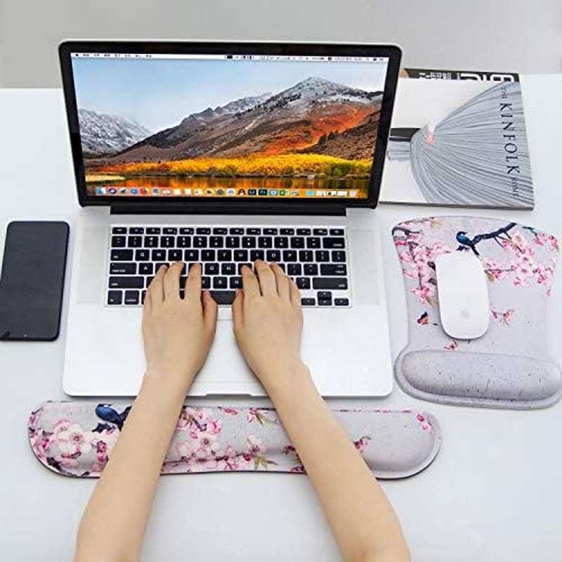 Ergonomic Keyboard Mouse Pad Set with Wrist Rest Support | Memory Foam Hand Rest Wrist Cushion Set for Laptop Notebook Desktop Computer Gaming Office Desk, Easy Typing, Bird Pink Flower Design, EVA Material