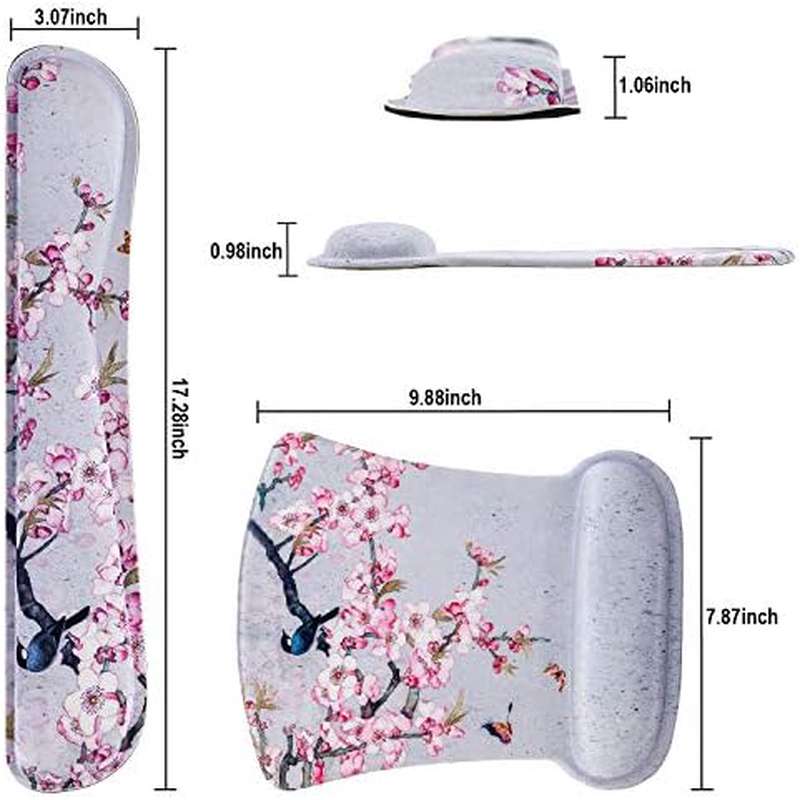 Ergonomic Keyboard Mouse Pad Set with Wrist Rest Support | Memory Foam Hand Rest Wrist Cushion Set for Laptop Notebook Desktop Computer Gaming Office Desk, Easy Typing, Bird Pink Flower Design, EVA Material