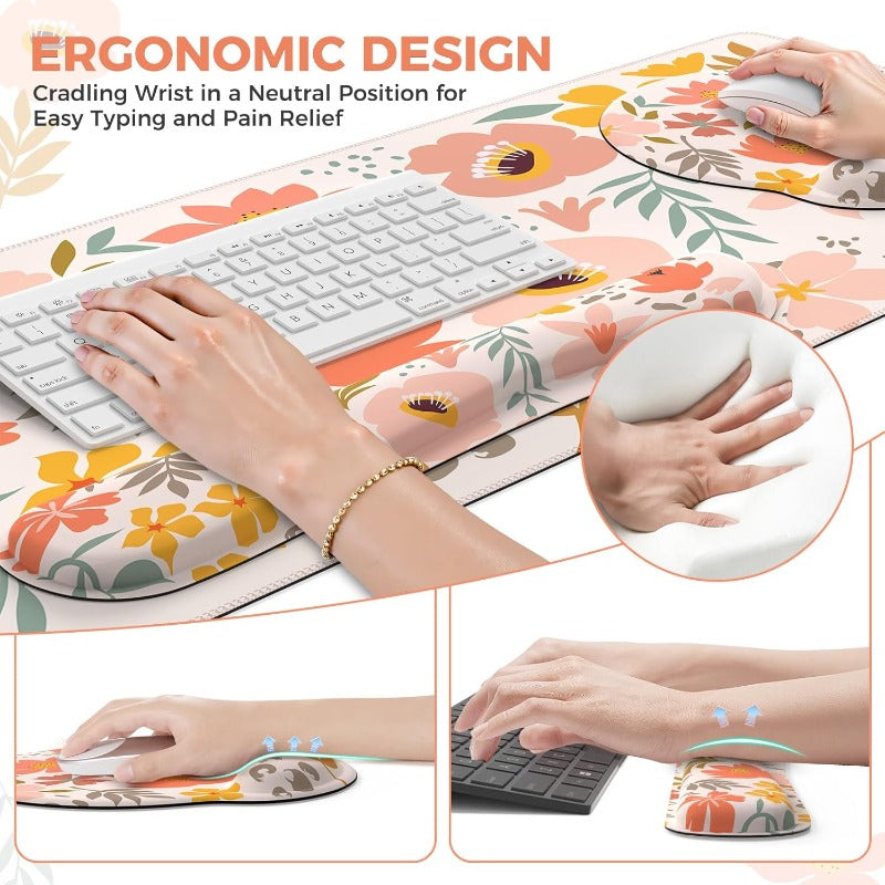 ICasso Desk Cover Mat 4in1 Floral Large Mouse Pad with Wrist Rest Desk Matt for Desktop Anti-Slip XXL Big Computer Ergonomic Mousepad with Wrist Support for Keyboard and Mouse Colorful