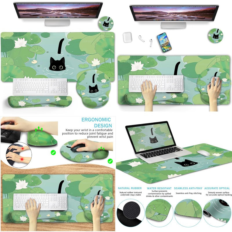 Large Gaming Desk Mat with Wrist Rest - Cute Cat & for Lotus Leaf Design Non-Slip Surface, Ergonomic Keyboard & Mouse Pad, Green for Lotus Leaf Pattern with Cat Silhouettes, Durable Spill-Resistant Coaster for Home Office & Gaming Setup