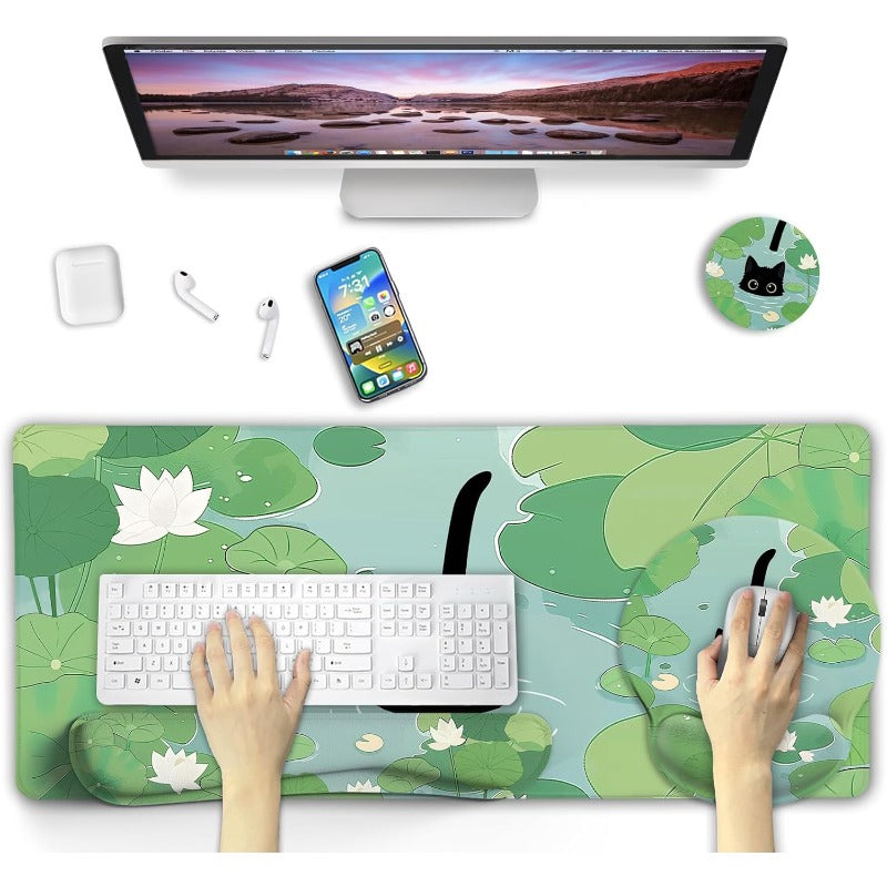 Large Gaming Desk Mat with Wrist Rest - Cute Cat & for Lotus Leaf Design Non-Slip Surface, Ergonomic Keyboard & Mouse Pad, Green for Lotus Leaf Pattern with Cat Silhouettes, Durable Spill-Resistant Coaster for Home Office & Gaming Setup