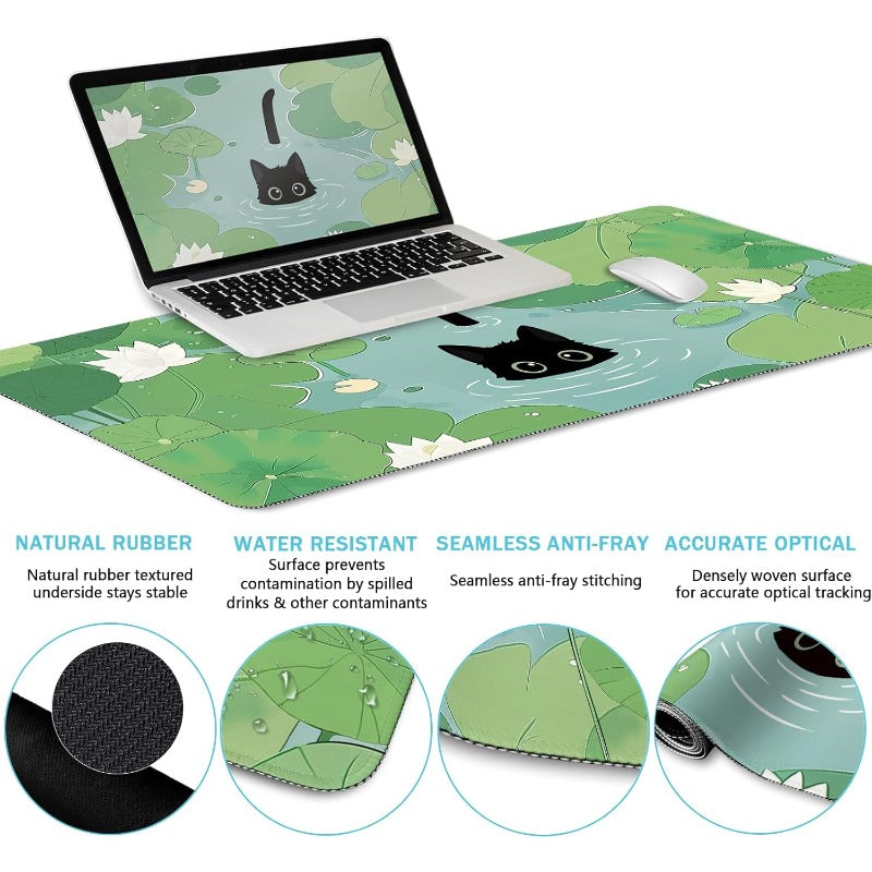 Large Gaming Desk Mat with Wrist Rest - Cute Cat & for Lotus Leaf Design Non-Slip Surface, Ergonomic Keyboard & Mouse Pad, Green for Lotus Leaf Pattern with Cat Silhouettes, Durable Spill-Resistant Coaster for Home Office & Gaming Setup