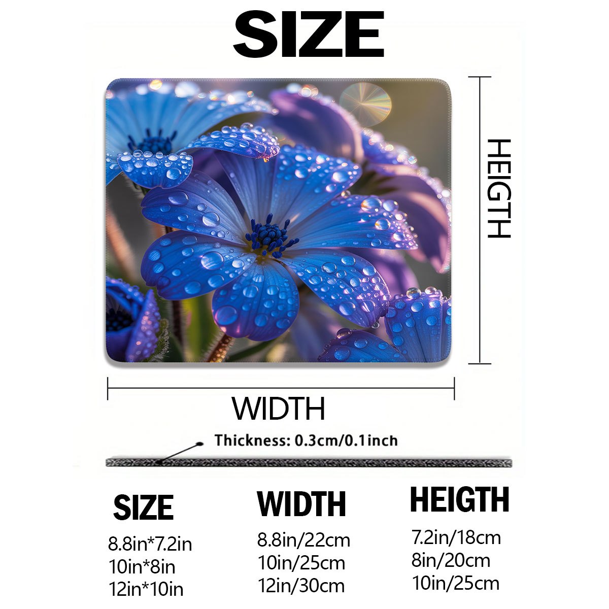 A Mouse Pad That Is Easy to Clean, Featuring Blue Flowers with Dew. It Has Anti-Curl Edges And a Non-Slip Base That Is As Stable As a Rock, Made from Easy-To-Clean Material, Suitable for Both Office Work And Gaming