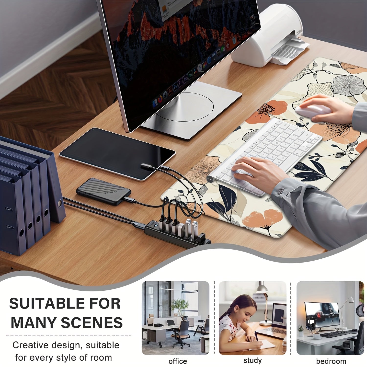 Oversized Gaming Mouse Pad & Desk Mat - Non-Slip Rubber Base with a Pastel Floral Design, Sturdy Rectangular Mat for Computer Use in Office, Home, And Gaming Environments