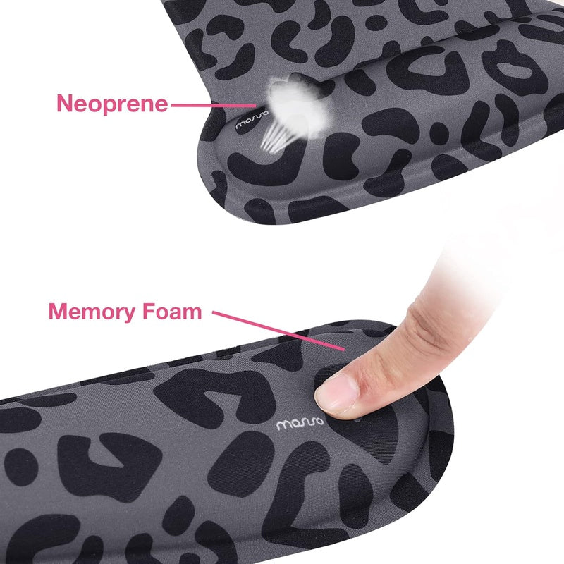 Home Office Wrist Rest Support for Mouse Pad Keyboard Set | Leopard Grain Ergonomic, Non-Slip Base Easy Typing, with Neoprene Cloth, Raised Memory Foam, Black
