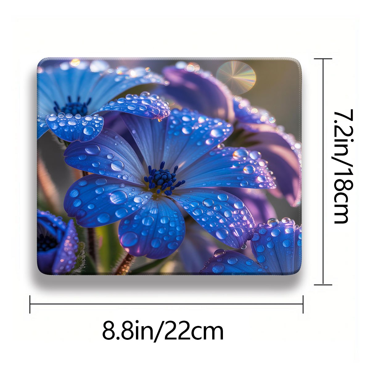 A Mouse Pad That Is Easy to Clean, Featuring Blue Flowers with Dew. It Has Anti-Curl Edges And a Non-Slip Base That Is As Stable As a Rock, Made from Easy-To-Clean Material, Suitable for Both Office Work And Gaming