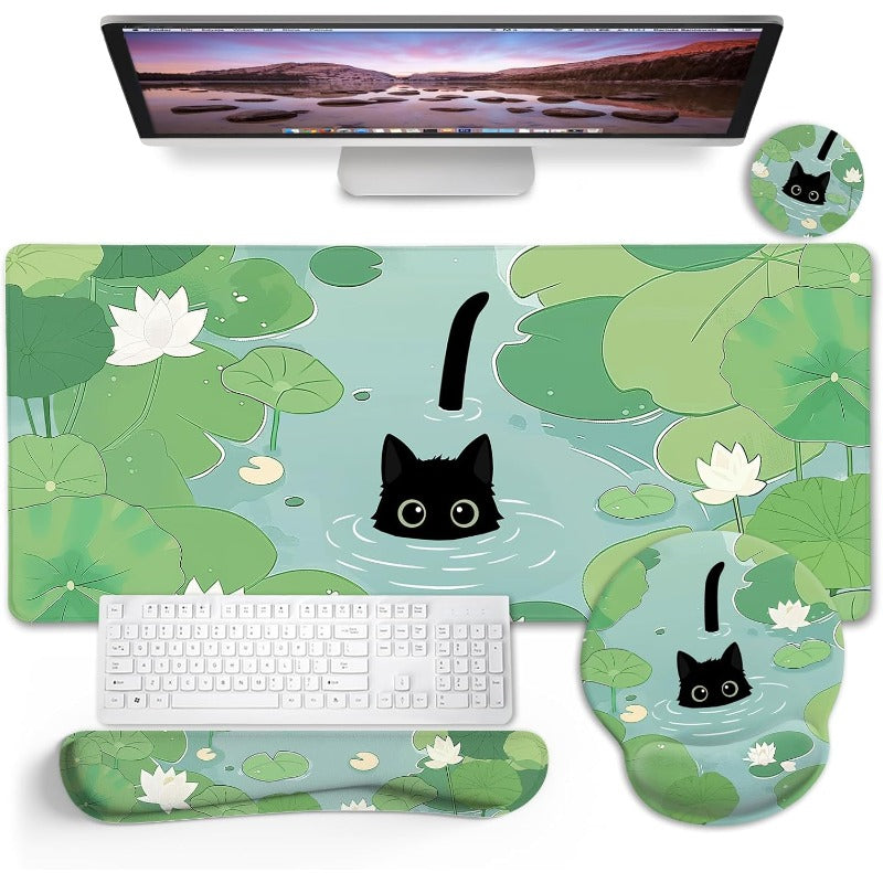 Large Gaming Desk Mat with Wrist Rest - Cute Cat & for Lotus Leaf Design Non-Slip Surface, Ergonomic Keyboard & Mouse Pad, Green for Lotus Leaf Pattern with Cat Silhouettes, Durable Spill-Resistant Coaster for Home Office & Gaming Setup