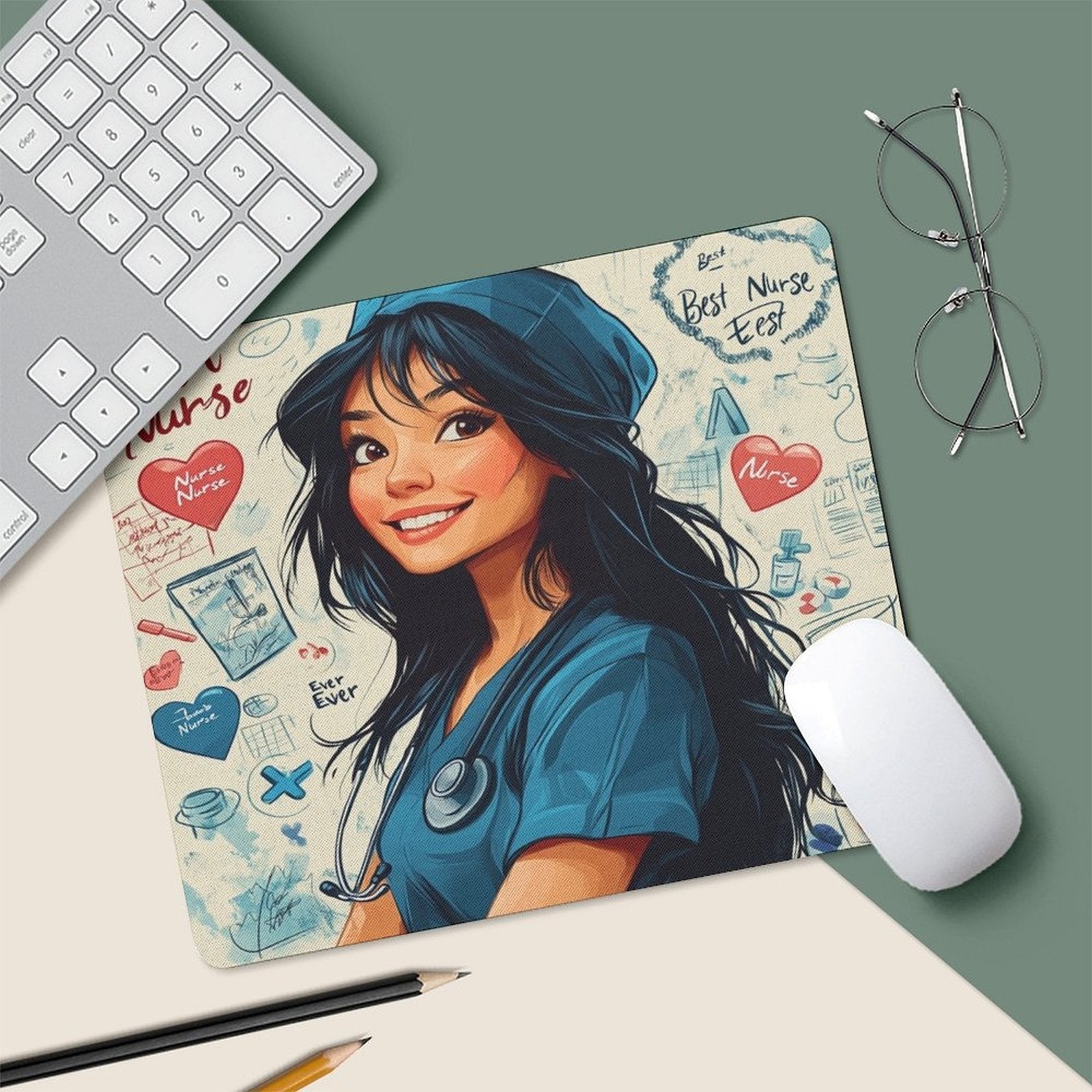 Best Nurse Ever -Themed Mouse Pad & Desk Mat - Non-Slip Nursing Stethoscope Cart & Pill Design for PC\u002FLaptop, Office & Hospital Computer Use - Small Keyboard-Friendly for healthcare Professionals