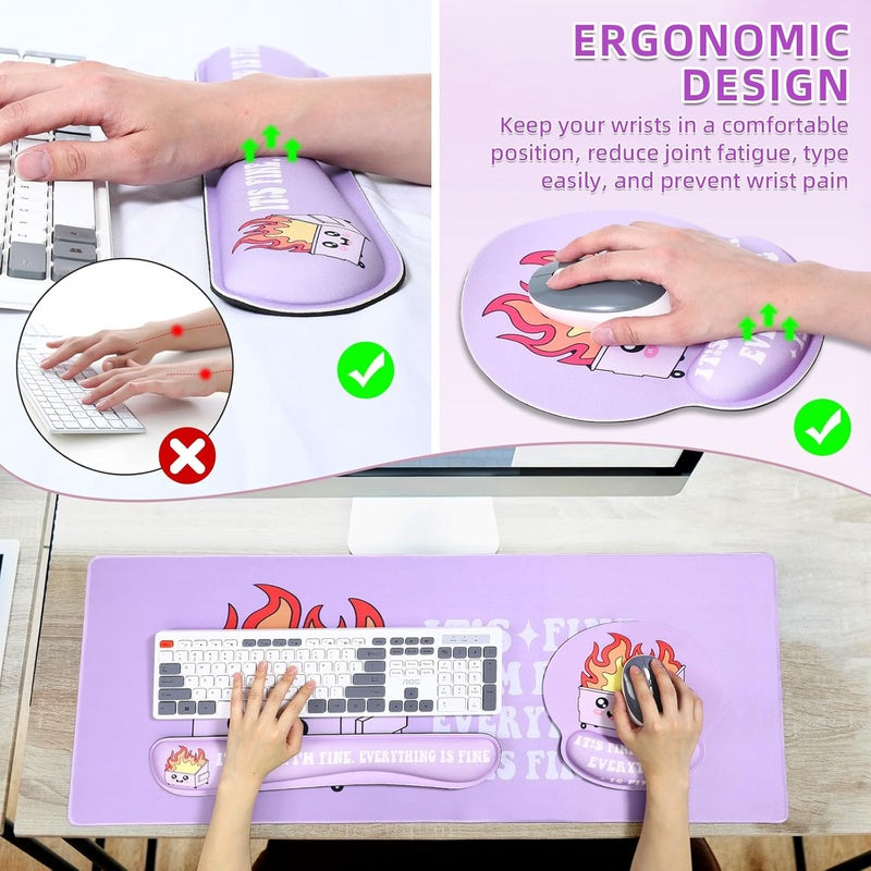 4 Pcs Dumpster Mouse Pad Kit Mouse Wrist Rest, Purple Funny Cute Fire Large Desk Mat, Keyboard Wrist Rest, Coaster, Ergonomic Desk Mat Gaming Work Home Office Accessories plies Decor