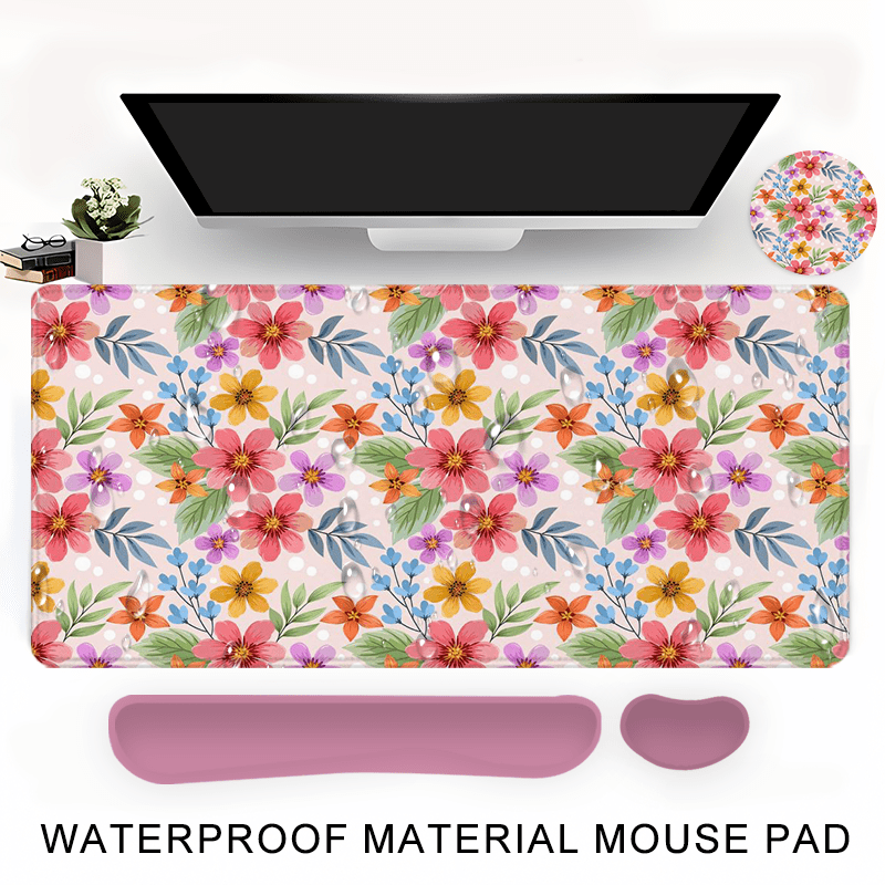 Floral Watercolor Vintage Garden Large Gaming Mouse Pad and Keyboard Wrist Rest Ergonomic Wrist Support Desk Mat Cup Mat 4-in-1 Set Non-Slip Home Office Mouse Pads Best Gift for Spring and Summer