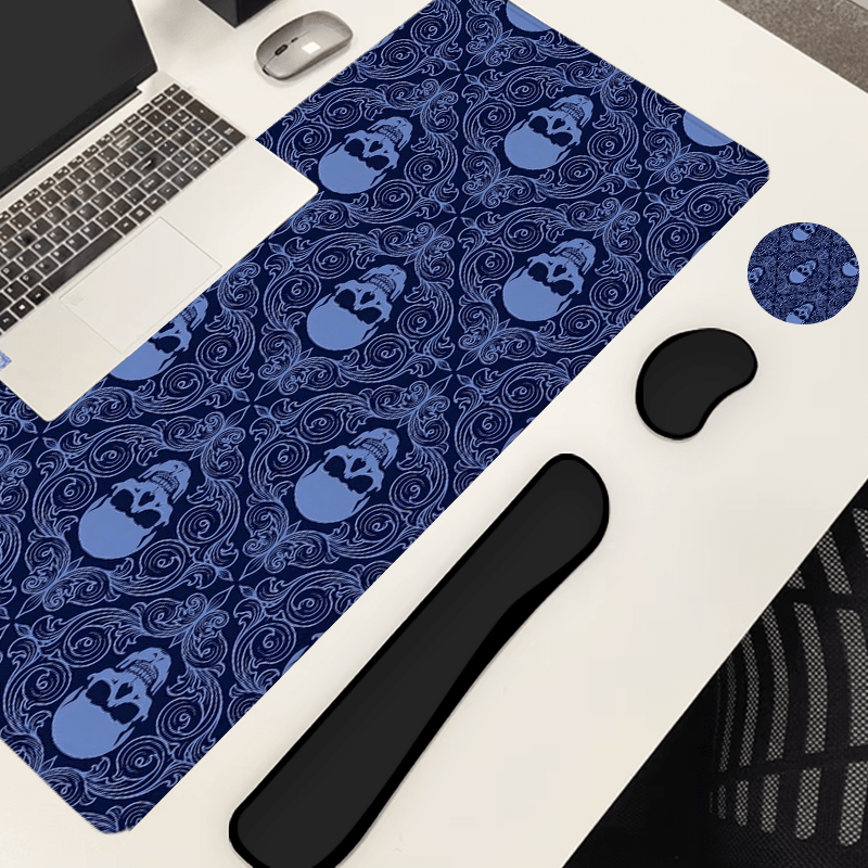A Large Gaming Mouse Pad Featuring a Halloween Gothic Baroque Skull Design, Along with an Ergonomic Wrist Rest for Keyboard Support. This 4-In-1 Set Includes a Desk Mat And Cup Mat, Designed to Be Non-Slip