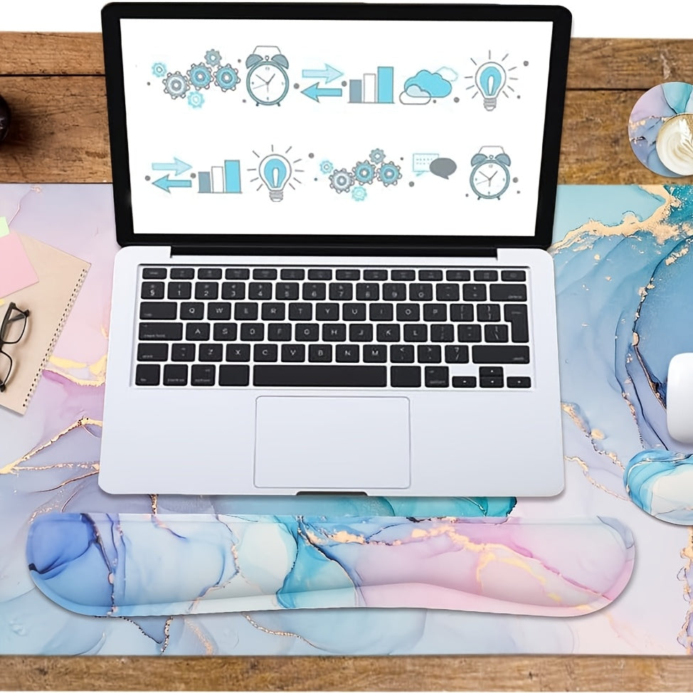 Large Mouse Pad and Keyboard Wrist Rest, Desk Pad for Keyboard and Mouse, 4- in- 1 Large Gaming Mouse Pad with Wrist Support- Blue Marble, Available 365 Days