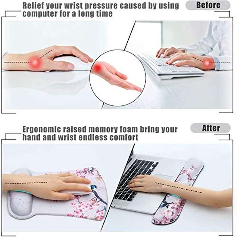 Ergonomic Keyboard Mouse Pad Set with Wrist Rest Support | Memory Foam Hand Rest Wrist Cushion Set for Laptop Notebook Desktop Computer Gaming Office Desk, Easy Typing, Bird Pink Flower Design, EVA Material