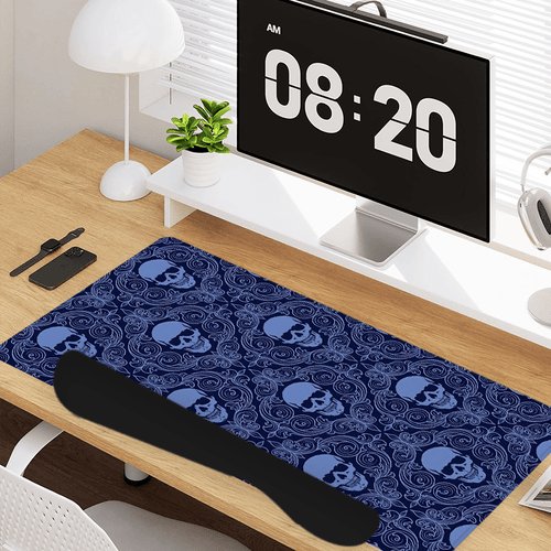 A Large Gaming Mouse Pad Featuring a Halloween Gothic Baroque Skull Design, Along with an Ergonomic Wrist Rest for Keyboard Support. This 4-In-1 Set Includes a Desk Mat And Cup Mat, Designed to Be Non-Slip