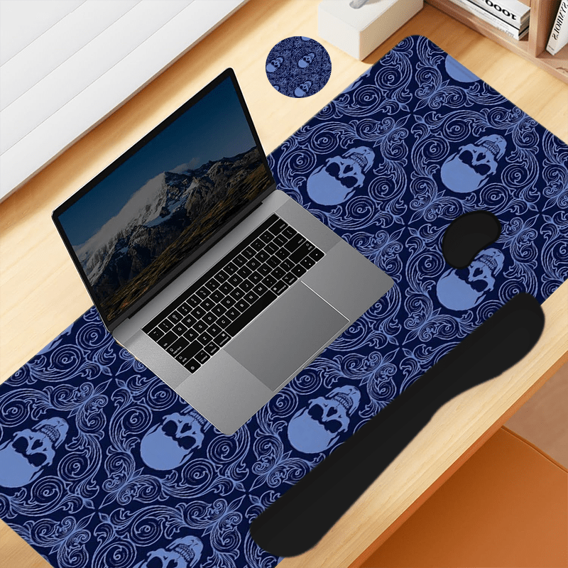 A Large Gaming Mouse Pad Featuring a Halloween Gothic Baroque Skull Design, Along with an Ergonomic Wrist Rest for Keyboard Support. This 4-In-1 Set Includes a Desk Mat And Cup Mat, Designed to Be Non-Slip