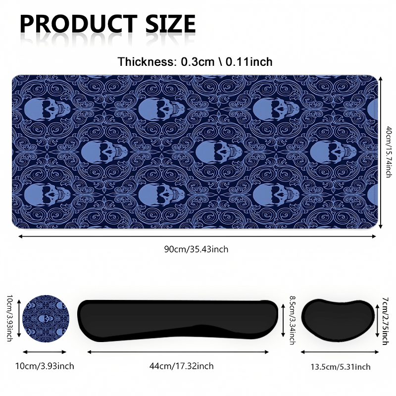A Large Gaming Mouse Pad Featuring a Halloween Gothic Baroque Skull Design, Along with an Ergonomic Wrist Rest for Keyboard Support. This 4-In-1 Set Includes a Desk Mat And Cup Mat, Designed to Be Non-Slip