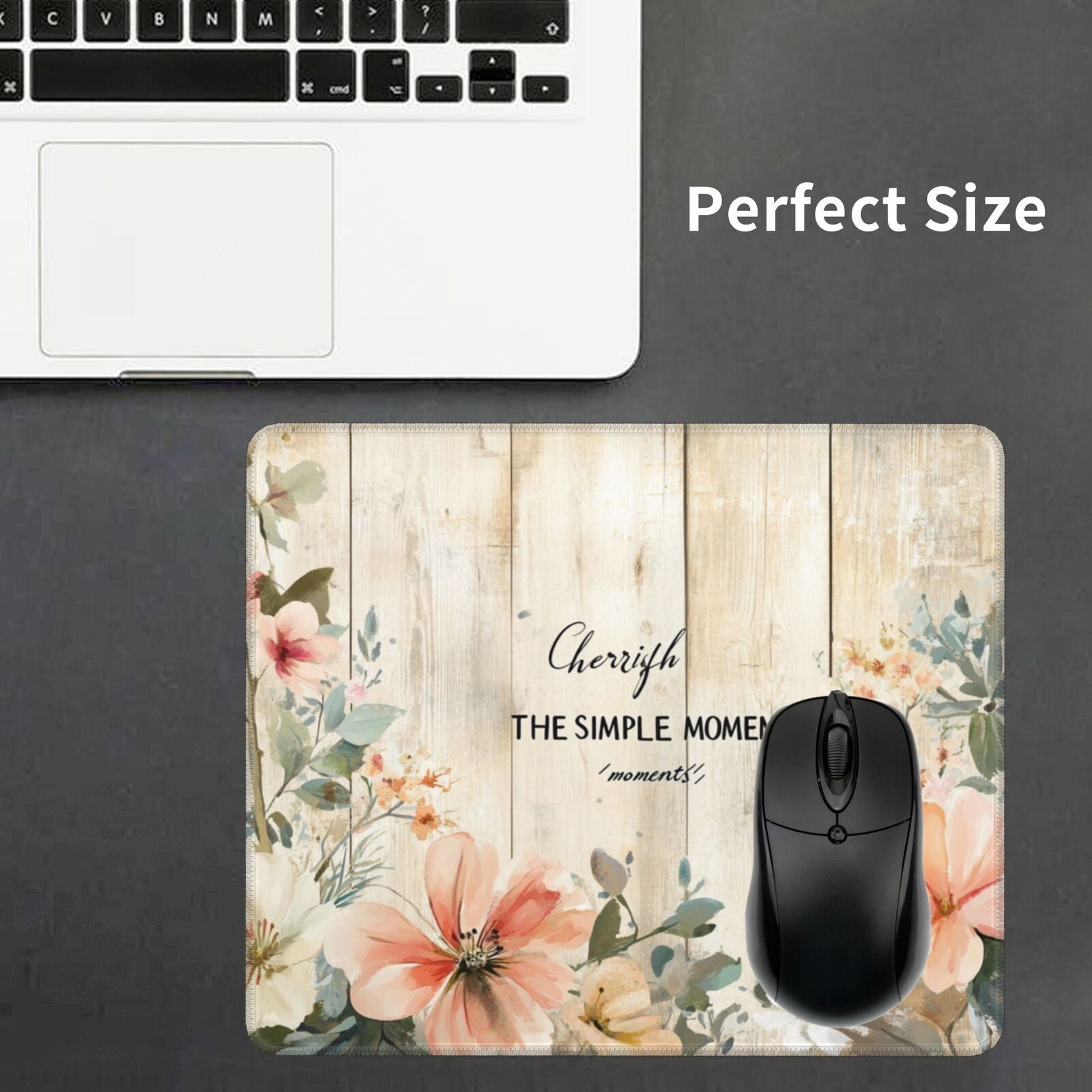 1pc Vintage Wooden Floor & Watercolor Blossoms Mouse Pad, Non-Slip Rubber Desk Mat, Washable & Water-Resistant, Soft Beige with Rich Grain & Playful Floral Design, Coral, Cream, Lavender - Oblong Shape
