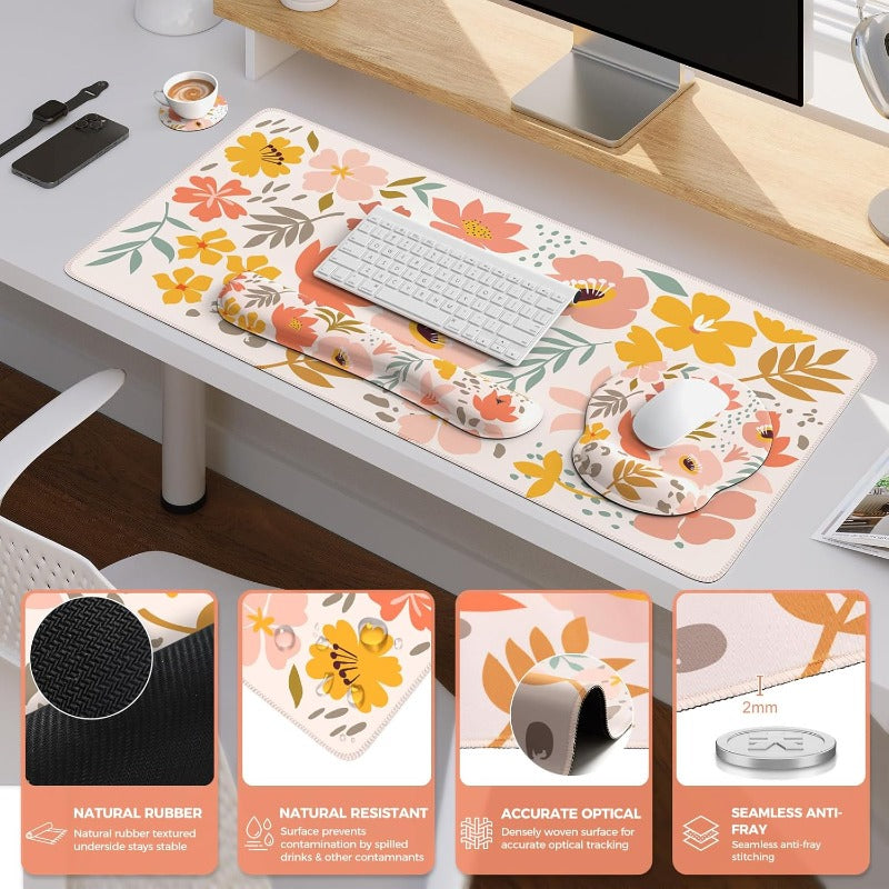 ICasso Desk Cover Mat 4in1 Floral Large Mouse Pad with Wrist Rest Desk Matt for Desktop Anti-Slip XXL Big Computer Ergonomic Mousepad with Wrist Support for Keyboard and Mouse Colorful