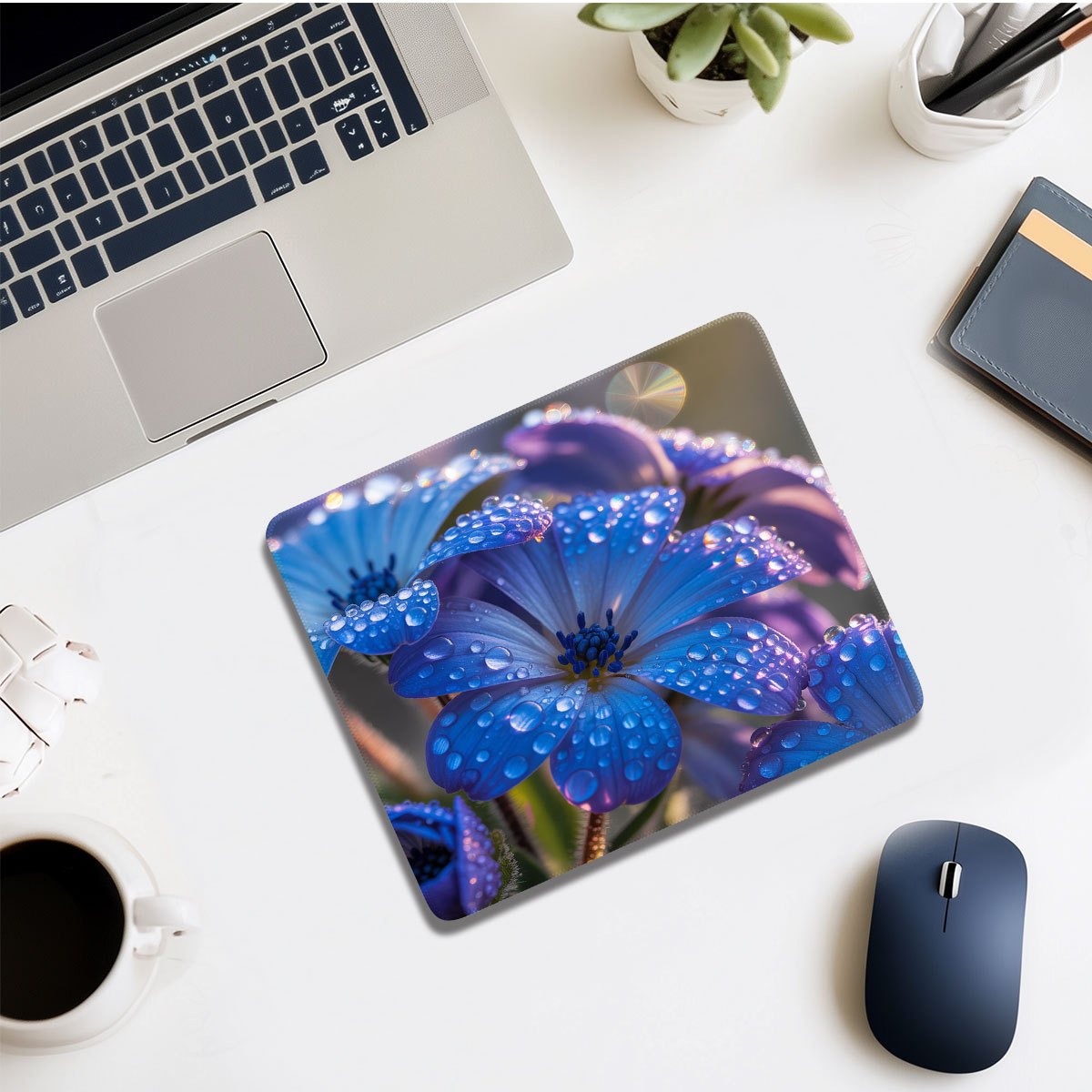A Mouse Pad That Is Easy to Clean, Featuring Blue Flowers with Dew. It Has Anti-Curl Edges And a Non-Slip Base That Is As Stable As a Rock, Made from Easy-To-Clean Material, Suitable for Both Office Work And Gaming