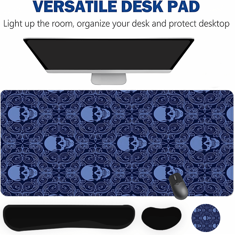 A Large Gaming Mouse Pad Featuring a Halloween Gothic Baroque Skull Design, Along with an Ergonomic Wrist Rest for Keyboard Support. This 4-In-1 Set Includes a Desk Mat And Cup Mat, Designed to Be Non-Slip