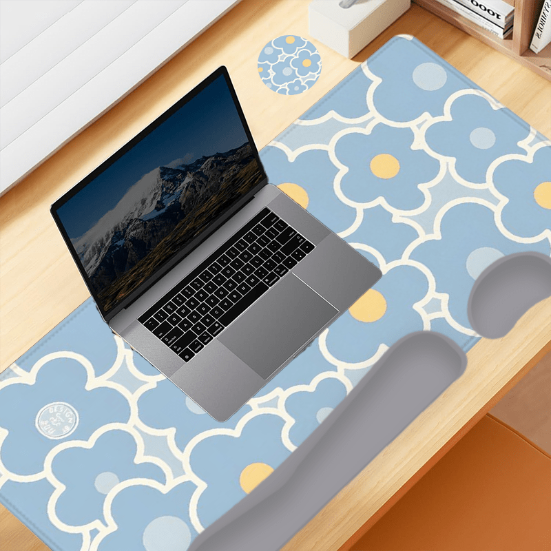 Blue Floral Yellow Dot Large Gaming Mouse Pad and Keyboard Wrist Rest Ergonomic Wrist Support Desk Mat Cup Mat 4-in-1 Set Non-Slip Home Office Mouse Pads Best Gift for Holidays and Special Occasions