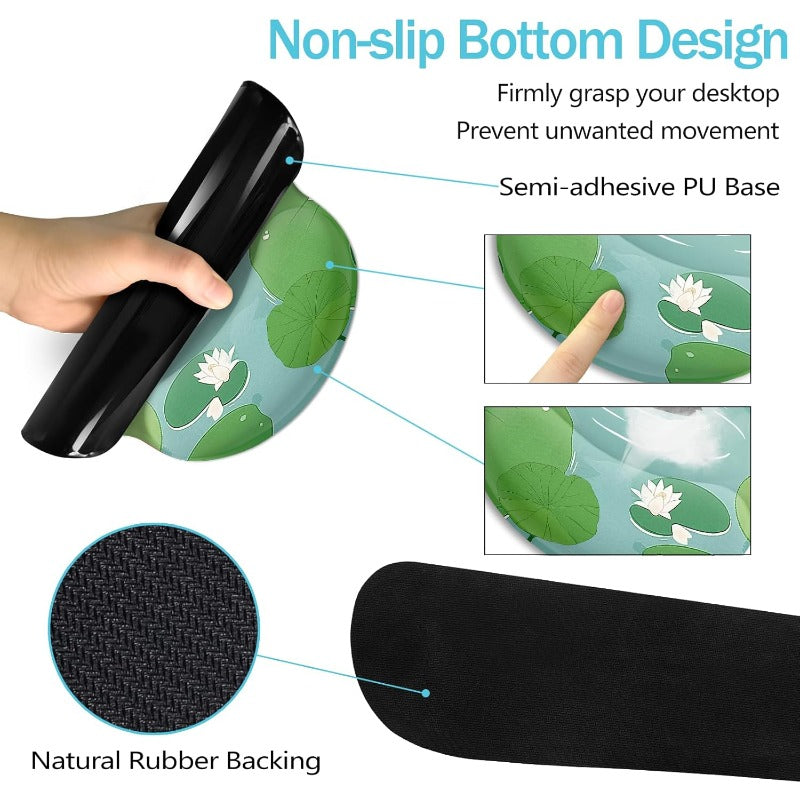 Large Gaming Desk Mat with Wrist Rest - Cute Cat & for Lotus Leaf Design Non-Slip Surface, Ergonomic Keyboard & Mouse Pad, Green for Lotus Leaf Pattern with Cat Silhouettes, Durable Spill-Resistant Coaster for Home Office & Gaming Setup