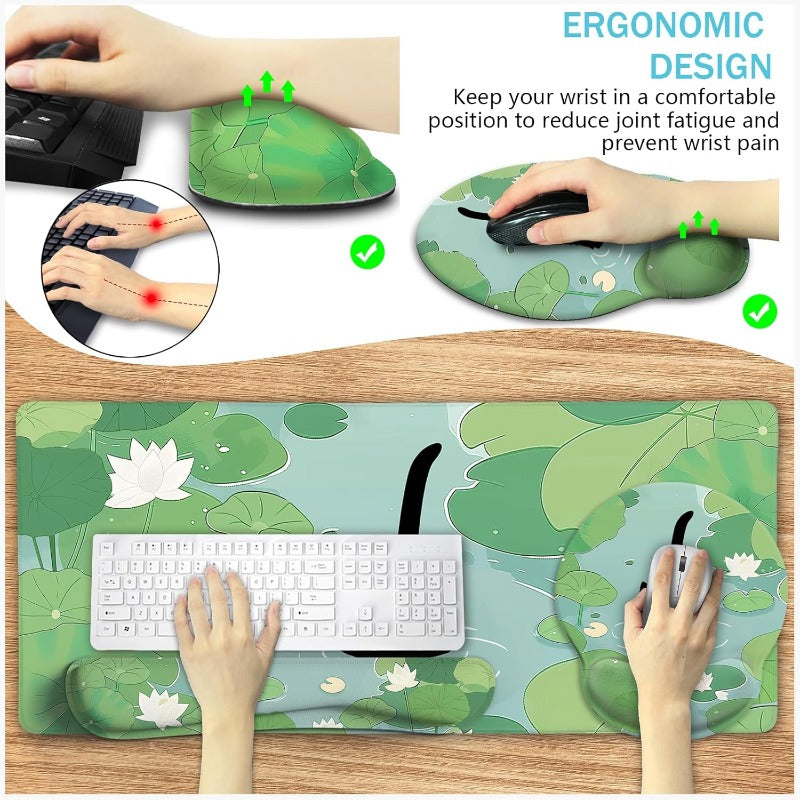 Large Gaming Desk Mat with Wrist Rest - Cute Cat & for Lotus Leaf Design Non-Slip Surface, Ergonomic Keyboard & Mouse Pad, Green for Lotus Leaf Pattern with Cat Silhouettes, Durable Spill-Resistant Coaster for Home Office & Gaming Setup