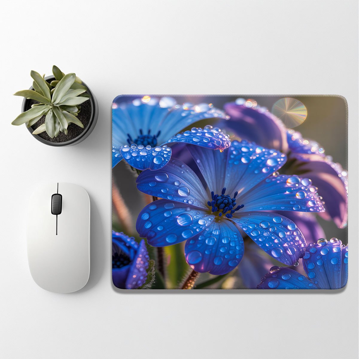 A Mouse Pad That Is Easy to Clean, Featuring Blue Flowers with Dew. It Has Anti-Curl Edges And a Non-Slip Base That Is As Stable As a Rock, Made from Easy-To-Clean Material, Suitable for Both Office Work And Gaming