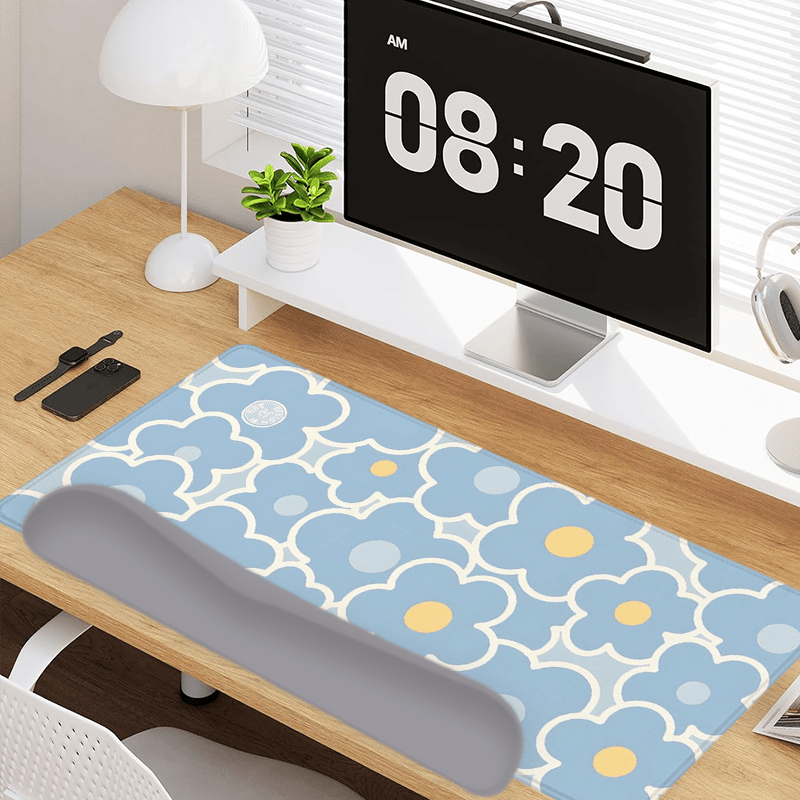 Blue Floral Yellow Dot Large Gaming Mouse Pad and Keyboard Wrist Rest Ergonomic Wrist Support Desk Mat Cup Mat 4-in-1 Set Non-Slip Home Office Mouse Pads Best Gift for Holidays and Special Occasions