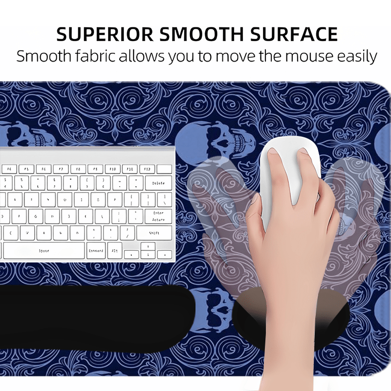 A Large Gaming Mouse Pad Featuring a Halloween Gothic Baroque Skull Design, Along with an Ergonomic Wrist Rest for Keyboard Support. This 4-In-1 Set Includes a Desk Mat And Cup Mat, Designed to Be Non-Slip