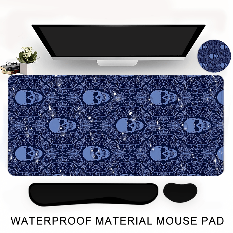 A Large Gaming Mouse Pad Featuring a Halloween Gothic Baroque Skull Design, Along with an Ergonomic Wrist Rest for Keyboard Support. This 4-In-1 Set Includes a Desk Mat And Cup Mat, Designed to Be Non-Slip