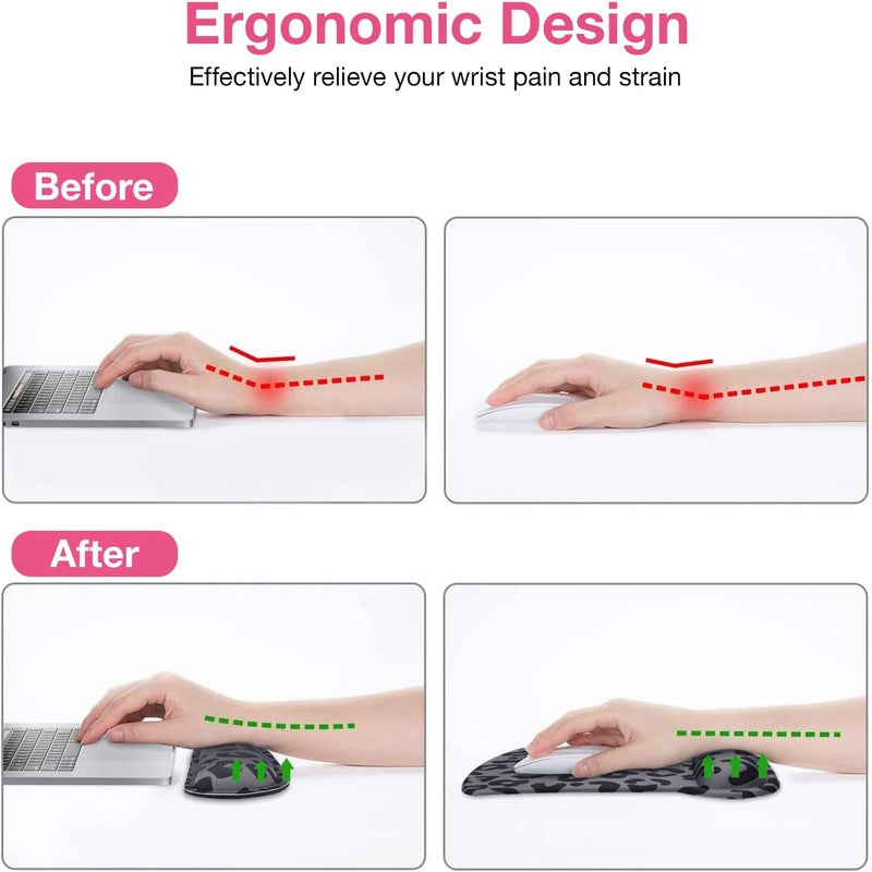 Home Office Wrist Rest Support for Mouse Pad Keyboard Set | Leopard Grain Ergonomic, Non-Slip Base Easy Typing, with Neoprene Cloth, Raised Memory Foam, Black