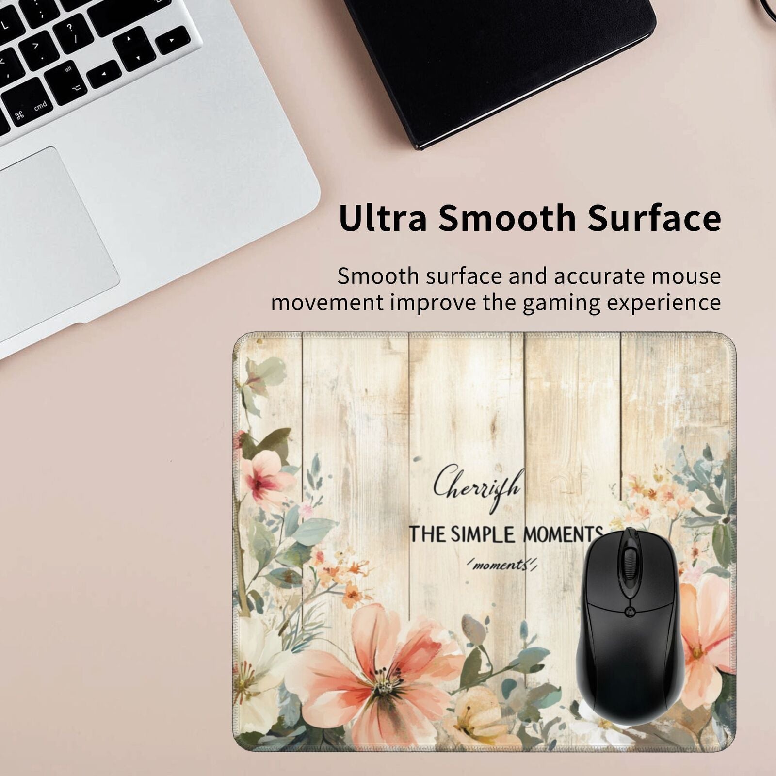 1pc Vintage Wooden Floor & Watercolor Blossoms Mouse Pad, Non-Slip Rubber Desk Mat, Washable & Water-Resistant, Soft Beige with Rich Grain & Playful Floral Design, Coral, Cream, Lavender - Oblong Shape