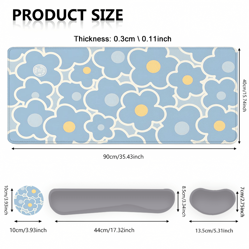 Blue Floral Yellow Dot Large Gaming Mouse Pad and Keyboard Wrist Rest Ergonomic Wrist Support Desk Mat Cup Mat 4-in-1 Set Non-Slip Home Office Mouse Pads Best Gift for Holidays and Special Occasions
