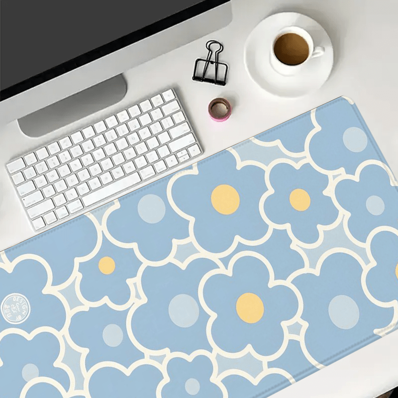 Blue Floral Yellow Dot Large Gaming Mouse Pad and Keyboard Wrist Rest Ergonomic Wrist Support Desk Mat Cup Mat 4-in-1 Set Non-Slip Home Office Mouse Pads Best Gift for Holidays and Special Occasions