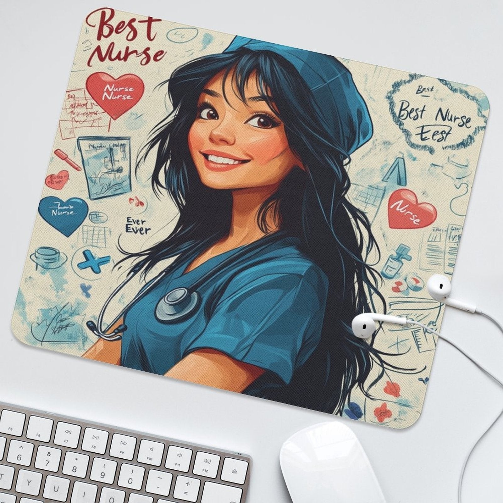 Best Nurse Ever -Themed Mouse Pad & Desk Mat - Non-Slip Nursing Stethoscope Cart & Pill Design for PC\u002FLaptop, Office & Hospital Computer Use - Small Keyboard-Friendly for healthcare Professionals