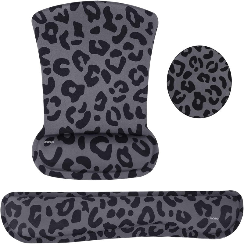 Home Office Wrist Rest Support for Mouse Pad Keyboard Set | Leopard Grain Ergonomic, Non-Slip Base Easy Typing, with Neoprene Cloth, Raised Memory Foam, Black